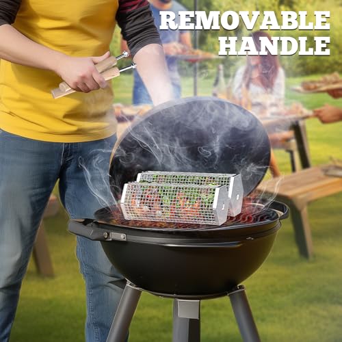 Outdoor Grill Basket with Removable Wooden Handle - Camping & Barbecue Accessory