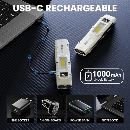 Flat Flashlights Rechargeable Small Tactical Flashlight with Clip,Stainless Steel EDC Led Light with Digital Display,880 Lumen Pocket Flashlight Dual-Switches13 Modes for Home Use,Outdoor and Work