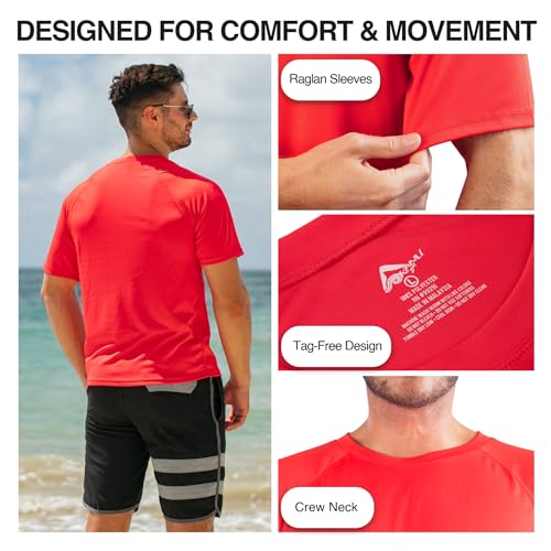 Men's UPF 50+ Short Sleeve Swim Shirt - Red, Medium Rash Guard