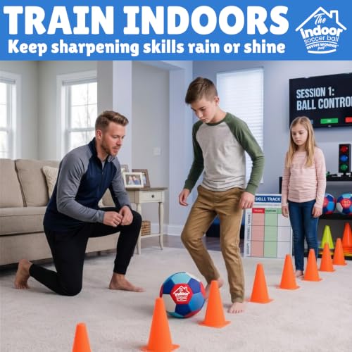 Indoor Soccer Ball Size 4 - Soft Padded, High Visibility, Pump Included - Red White Blue Variation