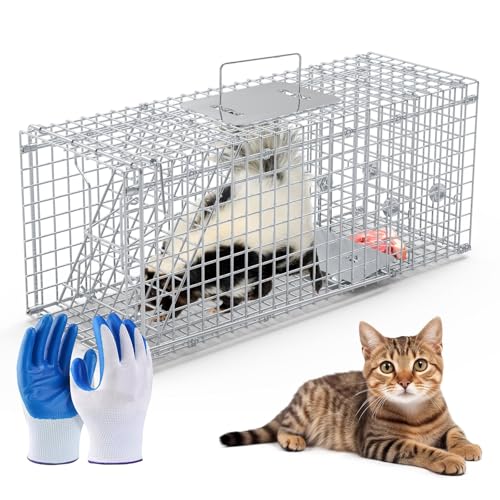 Humane Animal Trap Cage for Cats and Small Animals - Silver, 25.59x9.05x9.84 Inches - Folding Catch and Release Design