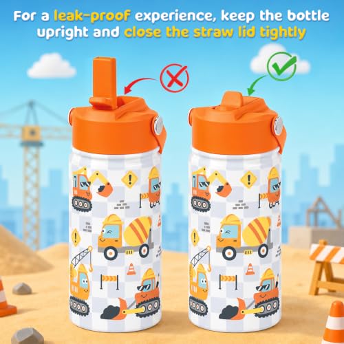Construction Kids Water Bottle with Straw Lid - 12oz Insulated Stainless Steel - Variation 1