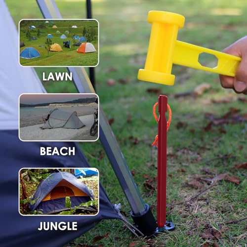 Grassman 7 Inch 16 Pack Tent Stakes - Heavy Duty Aluminium Ground Pegs with Reflective Loop, Red