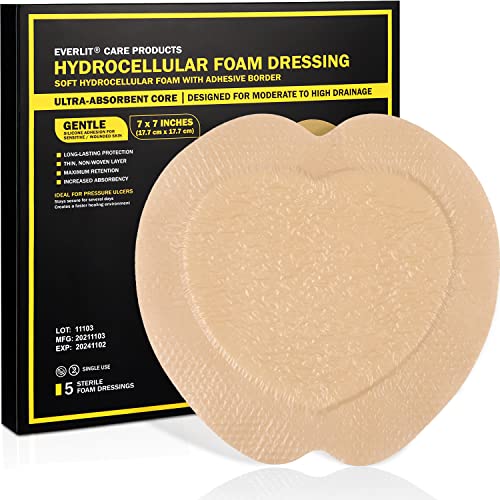 Everlit Sacrum Silicone Foam Dressing 7x7 Inches 5 Pack Waterproof Wound Care