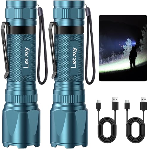 LETMY Rechargeable Flashlights High Lumens, 2 Pack 2000 Lumens Bright LED Tactical Flashlight, 3 Modes Samll Powerful Flash Lights with Clip, Waterproof Flashlights for Home Emergency Camping (Blue)