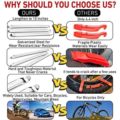 Bike Tire Levers - Motorcycle Tire Spoons Iron Set Dirt Bike Tire Changing Tools 10" Lengthen Premium Stainless Steel Repair Tube for Motorcycles Electric Bicycles Mountain Dirtbike