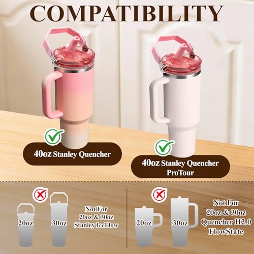 Pink Flip Straw Lid with Handle for 40oz Stanley Quencher Tumbler Replacement Accessory