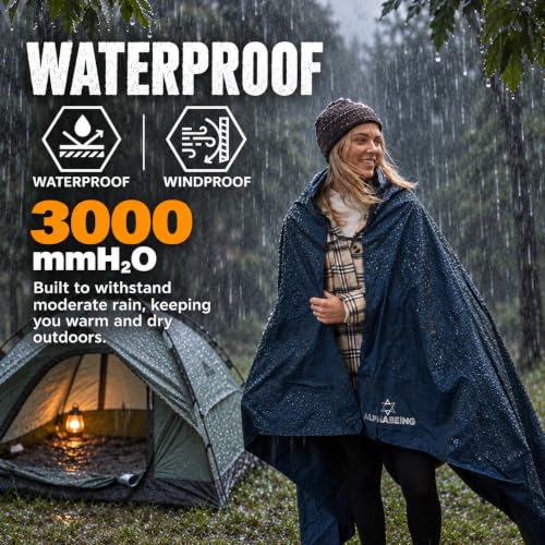 Navy Waterproof Outdoor Blanket with Merino Wool - Extra Thick & Warm