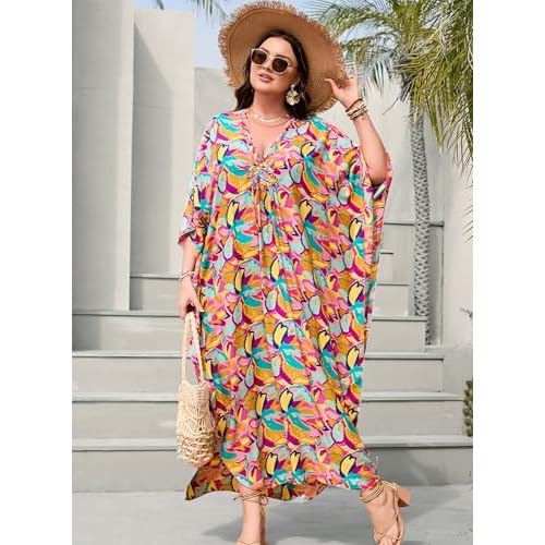 Women's Plus Size Tropical Kaftan Dress V-Neck Batwing Sleeve Beach Cover Up for Swimsuit Vacation Caftan Dress