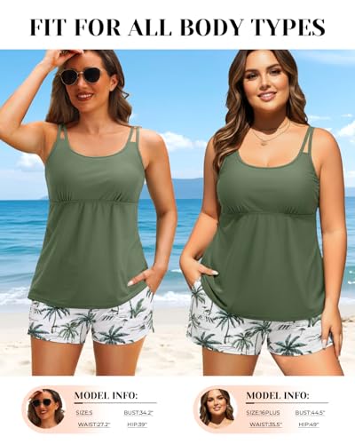 Women’s Two Piece Tankini Swimsuit with Tummy Control and Shorts - Green Leaves, Large