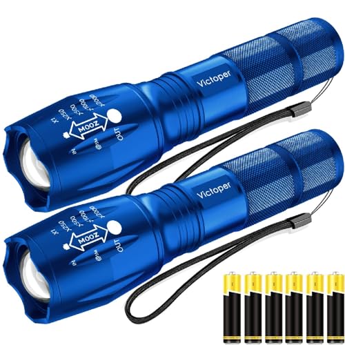 Victoper LED Flashlight 2 Pack Blue, Bright High Lumens Tactical Flashlights High Lumens with 5 Modes, Waterproof Zoomable Flash Light for Outdoor, Gifts for Father's Day Camping Essentials Gear