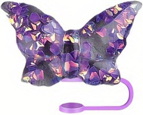 Purple Butterfly Straw Cover Cap for Stanley Cup,Bling Bow Straw Covers Cap Toppers for Tumbler Cups,Dust-Proof Reusable Silicone Tips Lids Protectors for 10mm Cups Accessories