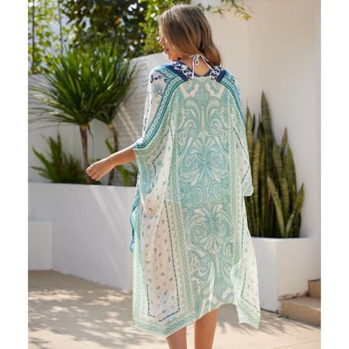 Beach Kimonos for Women Swimsuit Cover Up Boho Kimono Cardigans Navy & Teal Bliss Summer Resort Wear