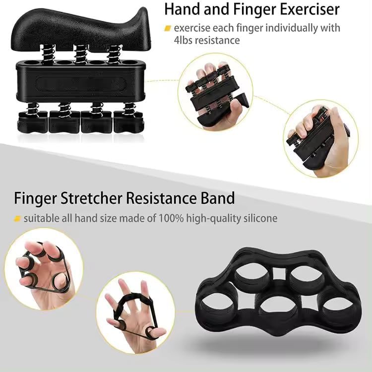 Hand Grip Strengthener Exercise Kit with 5 Pieces, Hand Exerciser for Men Women, Power Hand Grip Trainer, Finger Stretcher, Grip Ring, Stress Relief Ball, for Grip Strength Training (Black)