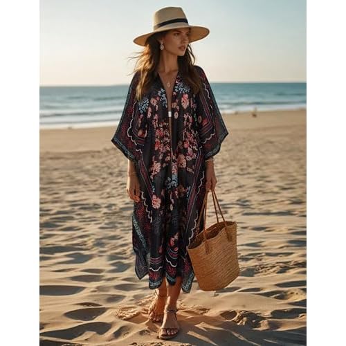 MayBuy Women's Summer Long Flowy Kimono Cardigans Boho Chiffon Beach Cover Up Tops