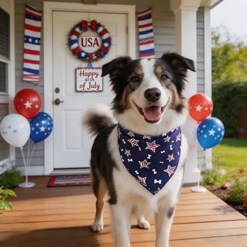 Washable American Flag Dog Bandana Bibs - Blue, Adjustable Pet Collar & Scarf