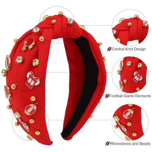 Football Headband Red Top Knot Beaded Jeweled Cute Headbands Football Mom Accessories Essentials Red