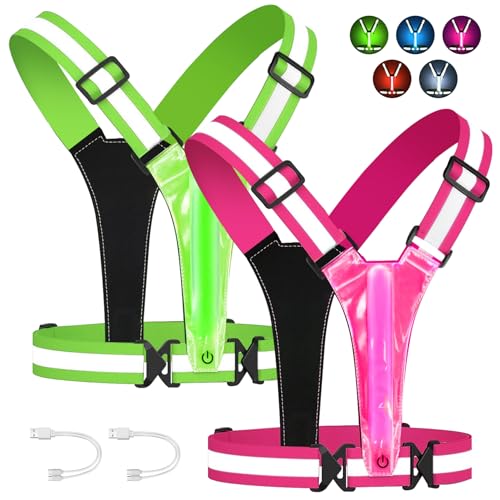 ELLUMIN LED Reflective Running Vest Gear, Rechargeable 5 Lights Colors High-Visibility Gear with Adjustable Waist/Shoulder for Man Woman Night Running Cycling Walking Dogs(Pink & Green)