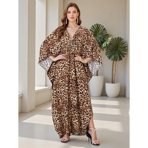 Women's Plus Size Animal Print V-Neck Batwing Kaftan Beach Dress Bathing Suit Cover-Up Loungewear