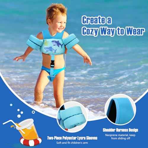 MoKo 13-20-30lbs Toddler Floaties Arm Floaties, Toddler Swim Vest Cartoon Swim Arm Band for Kids with Crotch Strap Pool Float Vests Sleeves Shoulder Straps Learn to Swim, Lignt Blue & Double Shark