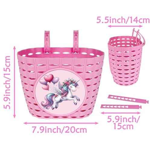 Girls Pink Bike Basket, Cute Bicycle Front Handlebar Basket, Adjustable Plastic Tricycle Basket for Kids, Baby Girls, Toddlers