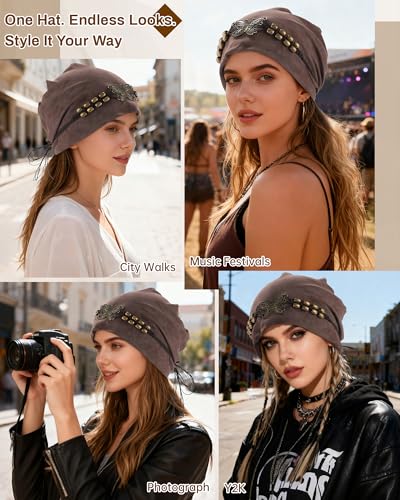 Coffee Slouchy Beanie Hat for Women with Butterfly Beads - AWAYTR