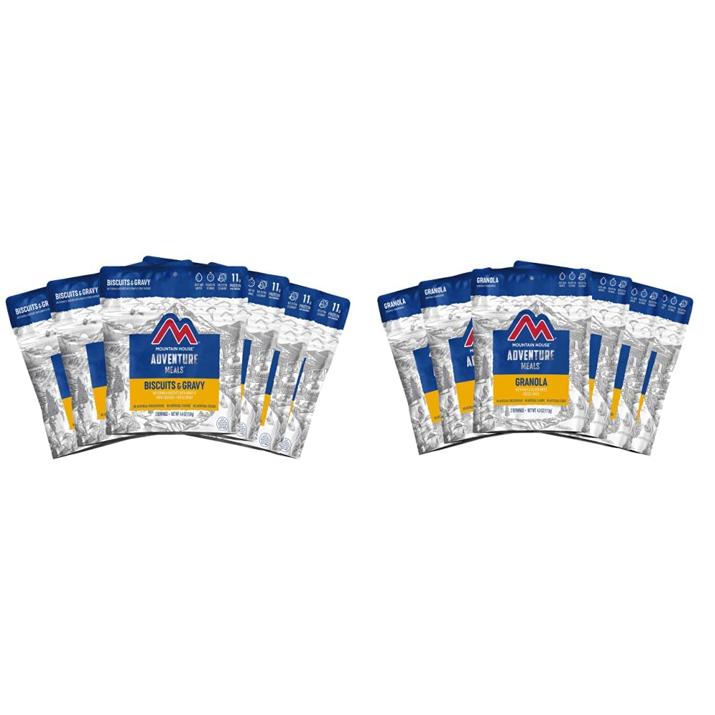 Mountain House Biscuits & Gravy and Granola with Milk & Blueberries Freeze Dried Backpacking & Camping Food Bundle (6-Pack)