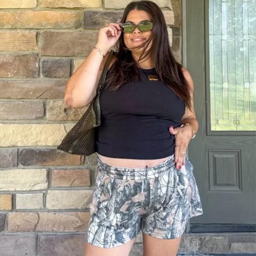Medium Camo Sweat Shorts for Women Drawstring Elastic Waist Maple Leaf Print Lounge Athletic Shorts with Pockets - JoinQueen
