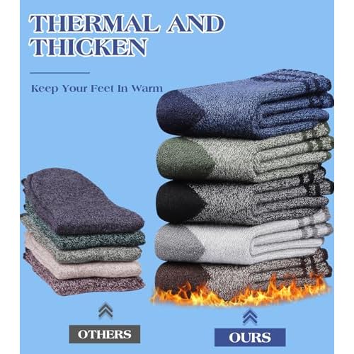 Yeblues 5 Pairs Wool Socks Mens, Winter Thick Merino Warm Hiking Socks,Soft Casual Thermal Crew Socks