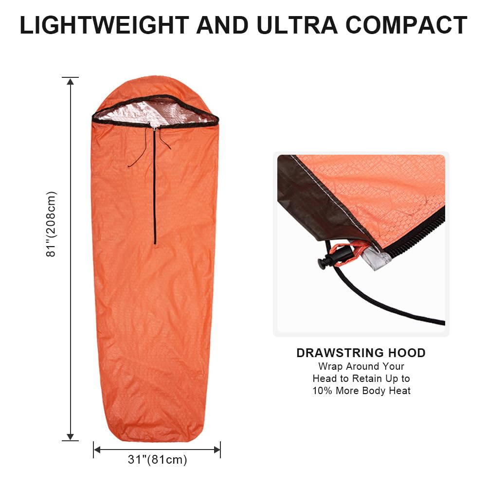 Upneargo Emergency Sleeping Bag Thermal Bivvy, Lightweight Survival Sleeping Bags Thermal Bivy Sack Portable, Compact, Waterproof, Reusable for Camping, Hiking, Outdoor, Activities