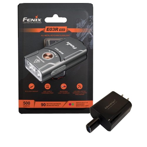 EdisonBright Fenix E03R V2 500 Lumen USB Rechargeable LED Keychain Flashlight, Charging Adapter Bundle (Grey)