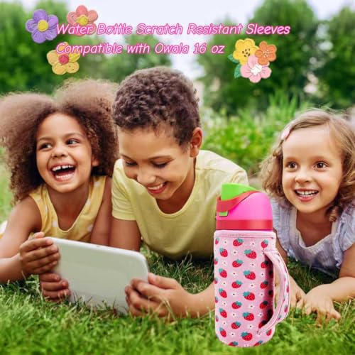 16 oz Kids Water Bottle Sleeve - Strawberry Neoprene Cover with Handle - Compatible with Owala FreeSip for Boys & Girls