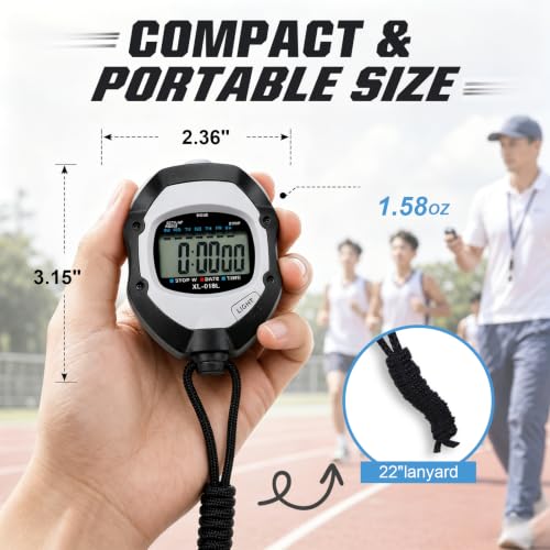Therivo Black Digital Sports Stopwatch Timer with Large Backlit Display - Lap, Split, 12/24H, Alarm, Calendar for Coaches & Athletes