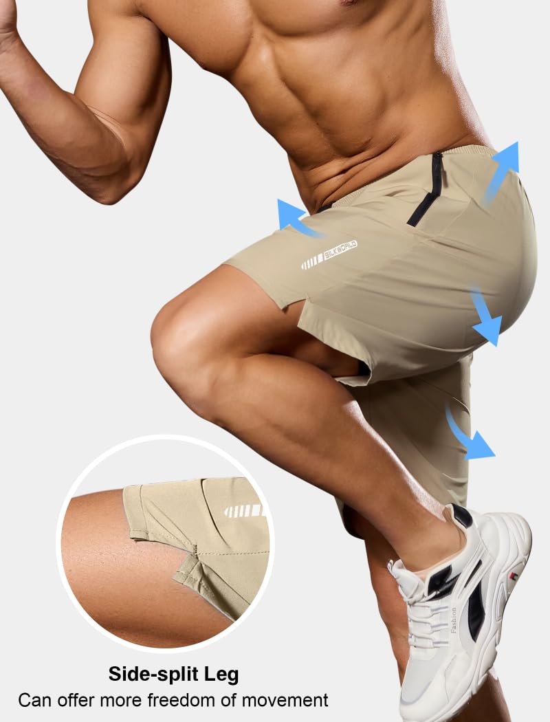 SILKWORLD Men's Athletic Running Shorts 7" Quick Dry Gym Workout Shorts Stretch Side-Split Leg Basketball Shorts with Zip Pockets,Khaki,Medium