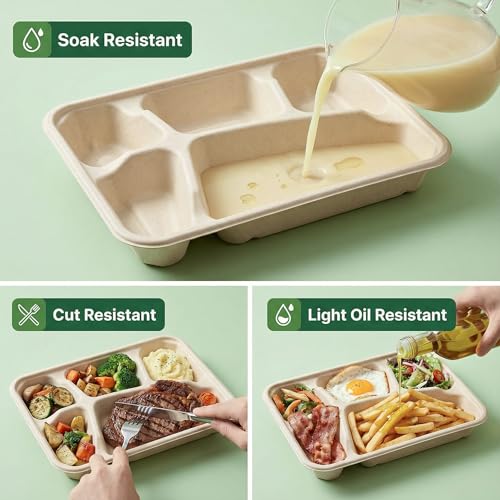 50 Pack 5-Compartment Disposable Paper Plates - Compostable Lunch Trays for Parties & Picnics