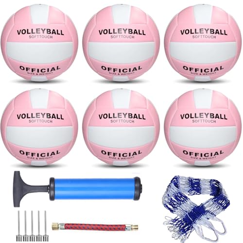 Pink Official Size 5 Synthetic Leather Volleyballs 6 Pack with Pump & Mesh Bag