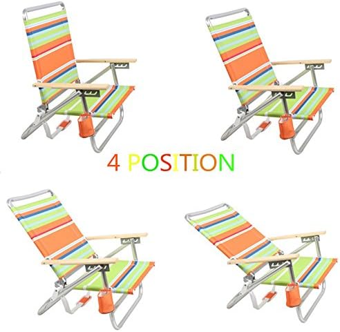 PORTAL Folding Camping Sand Beach Chair, Aluminum Lightweight 4 Positions Chair Recliner with Wood Armrest Cup Holder Carry Strap