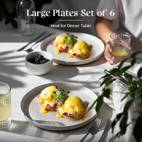 10.5 Inch Large Dinner Plates Set of 6 - White Ceramic, Microwave & Dishwasher Safe