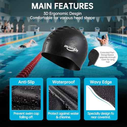 Large Thick Hair Swim Cap with Extra Room for Women Men, Premium Silicone Swimming Cap for Long Hair with Ear Plugs Nose Clip Set, Adult Waterproof Swim Hats Bathing Caps to Keep Hair Dry