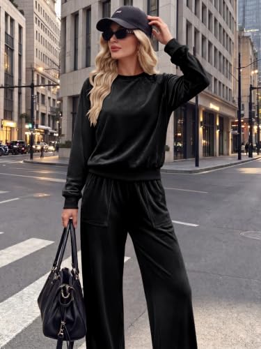 Women's Velour Lounge Sets 2 Piece Tracksuit - Large Black