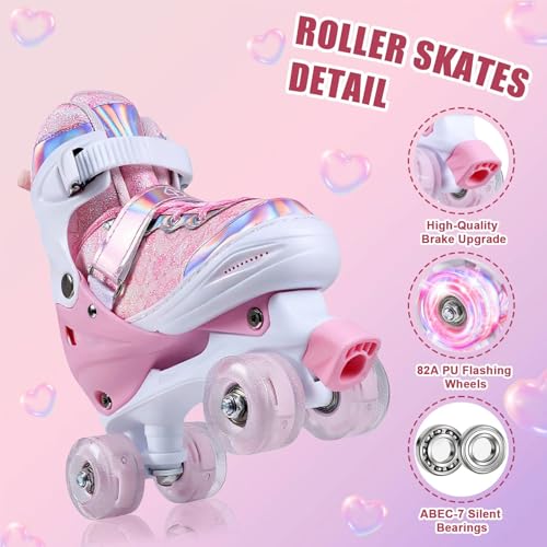 Pink Adjustable Kids Roller Skates for Girls Boys Toddlers Teens Youth - Small (10C-13C)