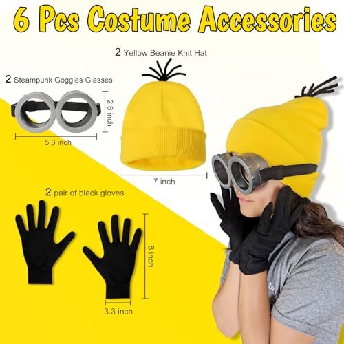 6 Pcs Halloween Costume Accessories for Adult,Yellow Beanie/Goggles Glasses/Gloves for Men Women Cosplay Party Set