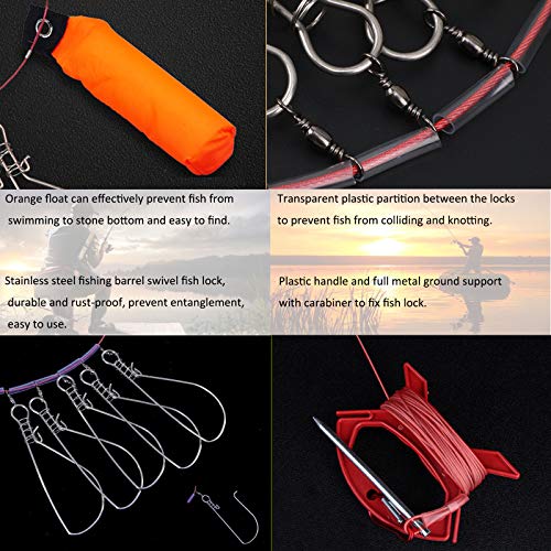 Fish Stringer Kit 5M with 10 Buckles, Stainless Steel Live Fish Lock & Float