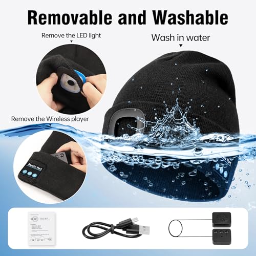MUSIC LED Beanie Hat with Bluetooth, Rechargeable Hat with 3-Mode Headlamp & Hands-Free Calling,Warm Knit Cap for Men and Women, Ideal for Outdoor Night Activities Black