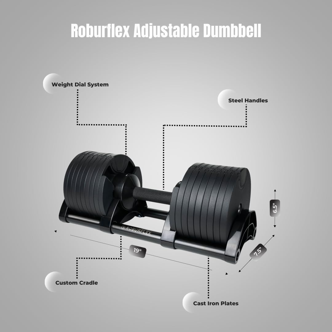 Adjustable Dumbbell (Single) by ROBURFLEX for Workout Strength Training Fitness Home Gym (BLACK - 80LB)
