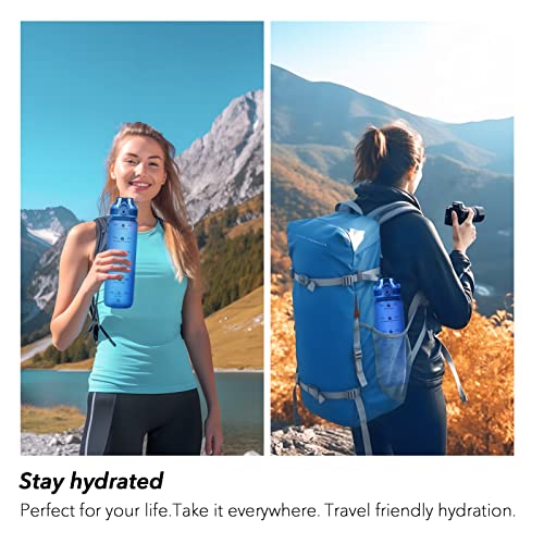 Aqua Blue 32oz Water Bottle with Time Marker & Strap, Leak-Proof BPA-Free
