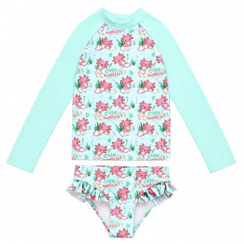 PinkSheep Girls Long Sleeve Two-Piece Swimsuit with Rush Guard for 3-4T - Axolotl Variation