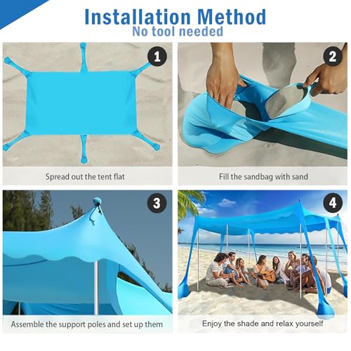 Beach Tent Sun Shelter, 10 x 10 FT Beach Canopy Tent Sun Shade, UPF50+ Protection with 6 Sandbags 6 Stability Poles, Outdoor Beach Shade Canopy for Camping, Fishing, Backyard