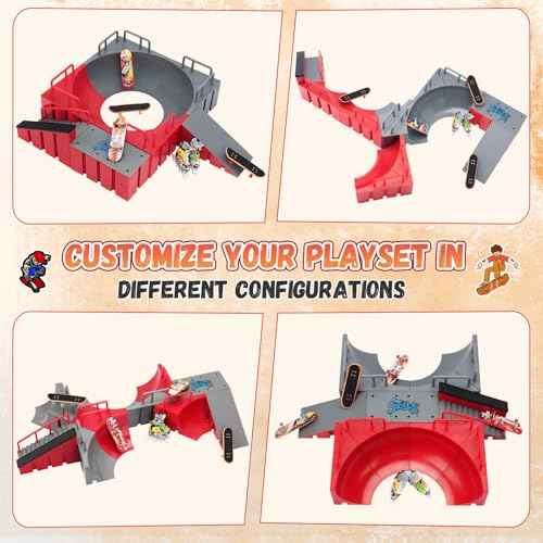 KETIEE Fingerboard Skate Park Kit: 17pcs Finger Skateboard Ramp Set with Exclusive 11 Ramps 4 Mini Skateboards & Roller Skates, Large Finger Skatepark Training Props Toys Gifts for Kids Ages 6 and up