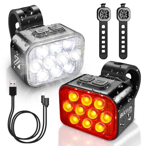 BUCKLOS Bike Lights Front and Back for Night Riding, 10 LED Ultra Bright 8+9 Modes USB Rechargeable Bicycle Headlight and Tail, IPX6 Waterproof 1100mAh Bikes Light Set, 35 Hrs Long Battery Powered